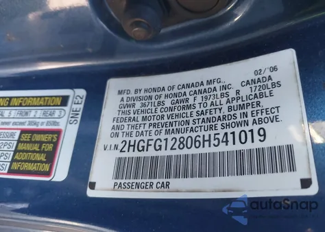 2006 Honda Civic Ex из США, поврежденный, VIN 2HGFG12806H541019